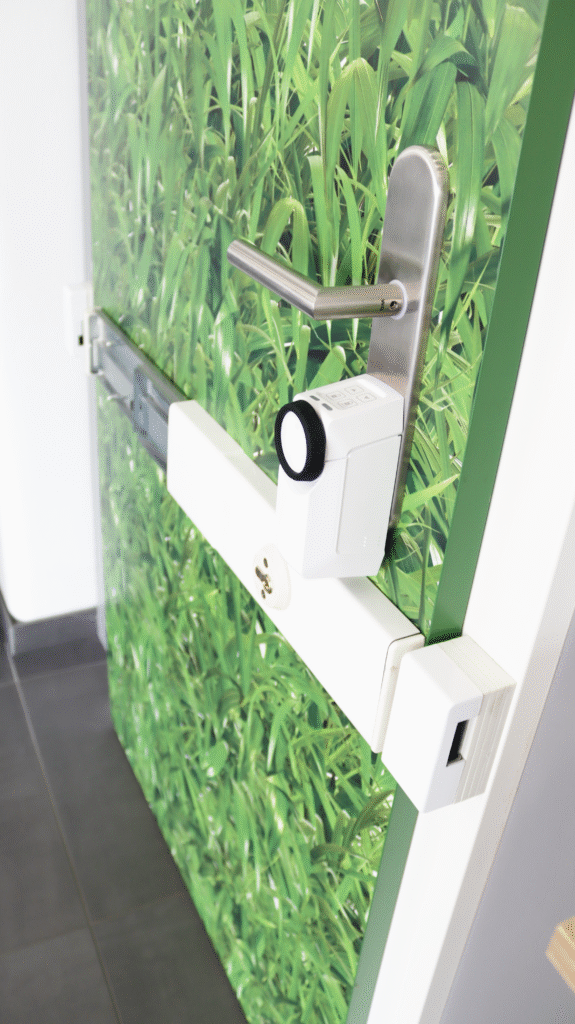 Tür mit Sicherheitssystem und Pflanzenmotiv