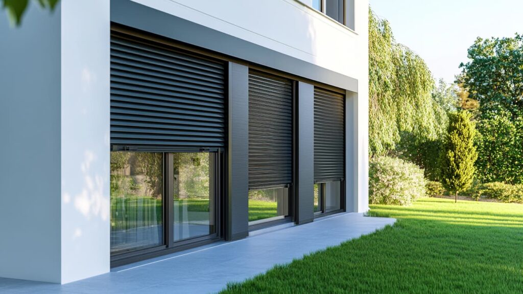 Moderne Fenster mit geschlossenen Rollläden und grünem Rasen.